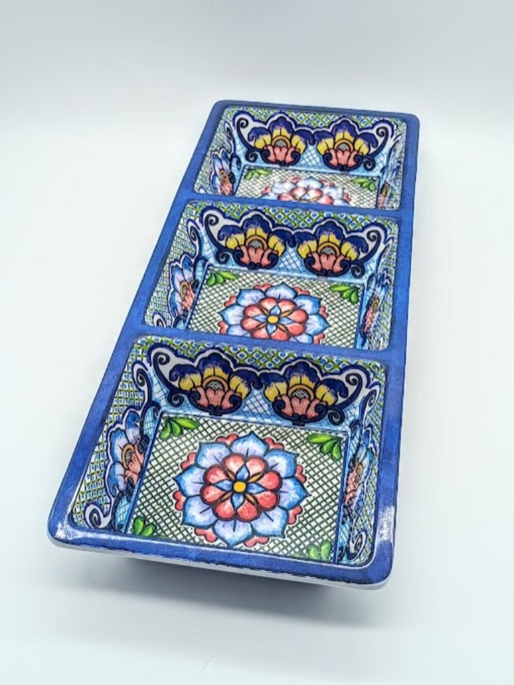 Blue Floral Melamine 3-Section Rectangular Serving Dish